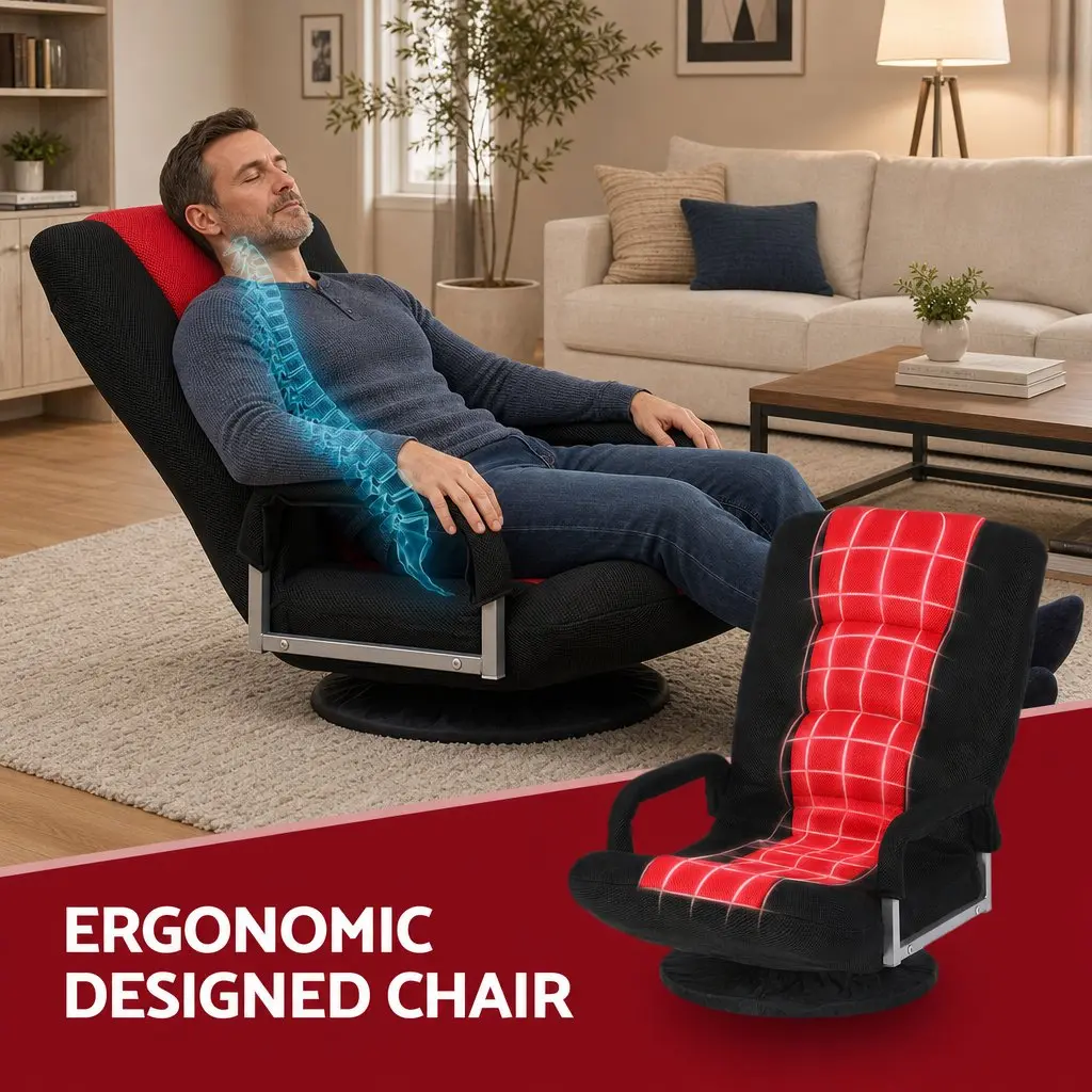 Gaming Chair Floor Seating Compact Foldable 360 Swivel Adjustable Backrest Black and Red