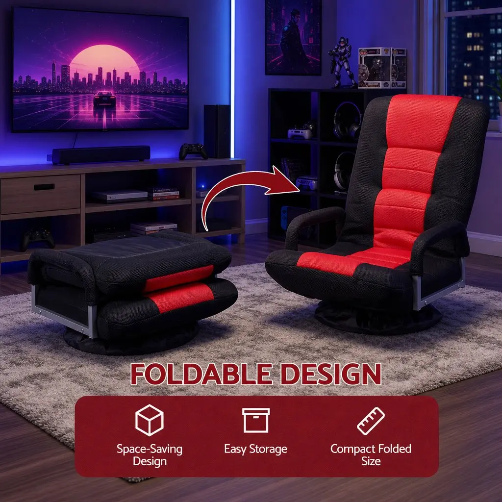 Gaming Chair Floor Seating Compact Foldable 360 Swivel Adjustable Backrest Black and Red