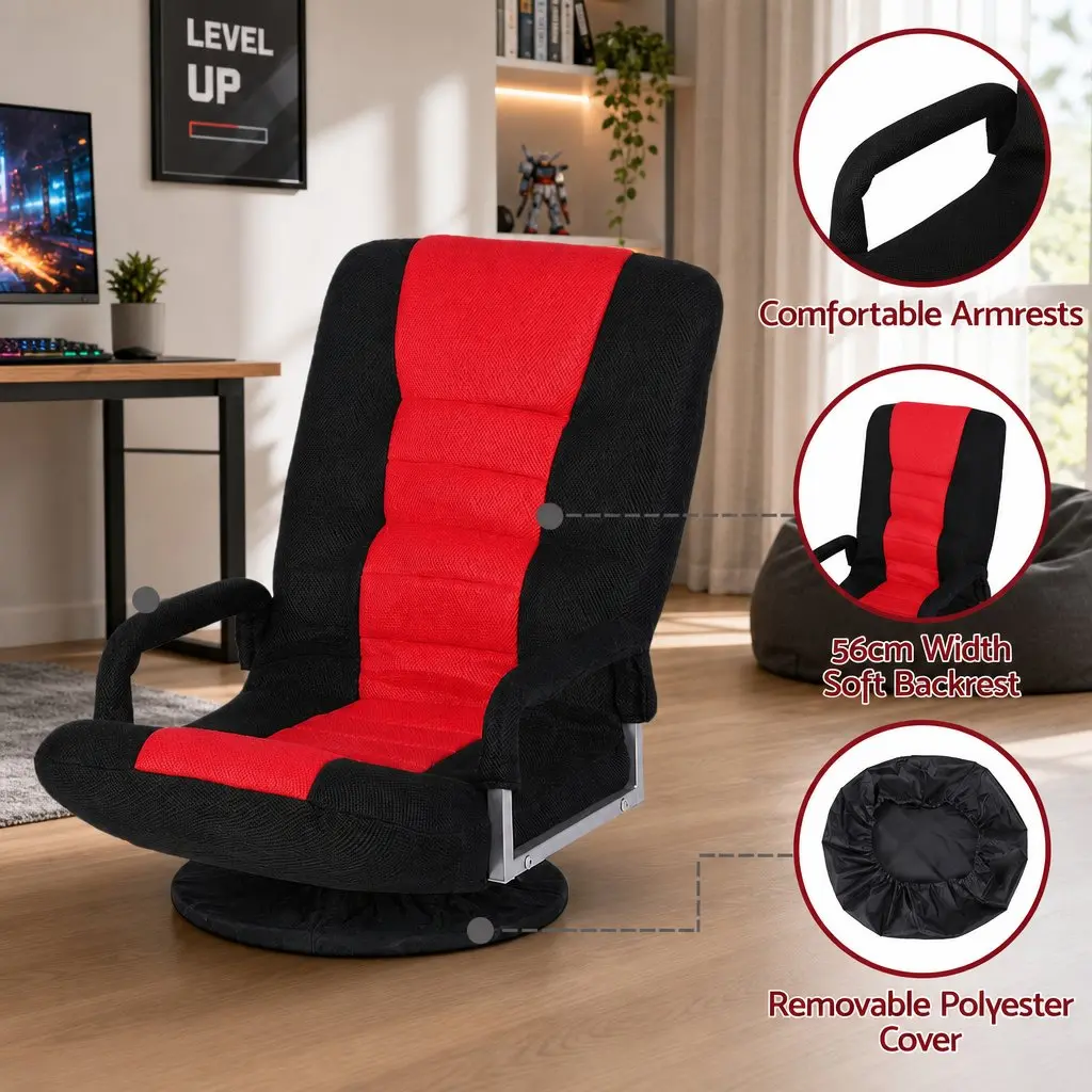 Gaming Chair Floor Seating Compact Foldable 360 Swivel Adjustable Backrest Black and Red