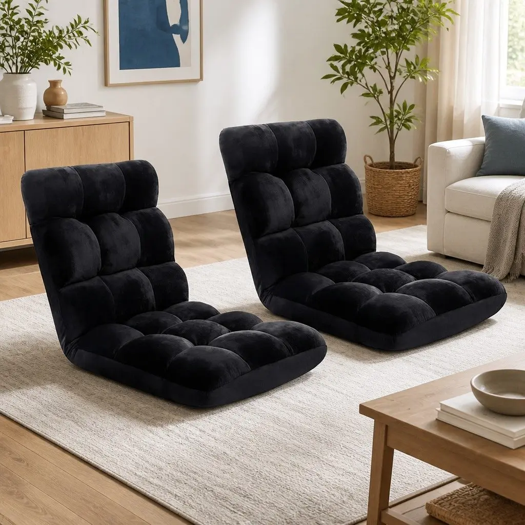 Adjustable Recliner Lounge Chair Flannel Black Foldable 2 Piece