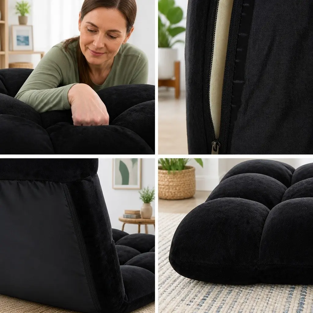 Adjustable Recliner Lounge Chair Flannel Black Foldable 2 Piece