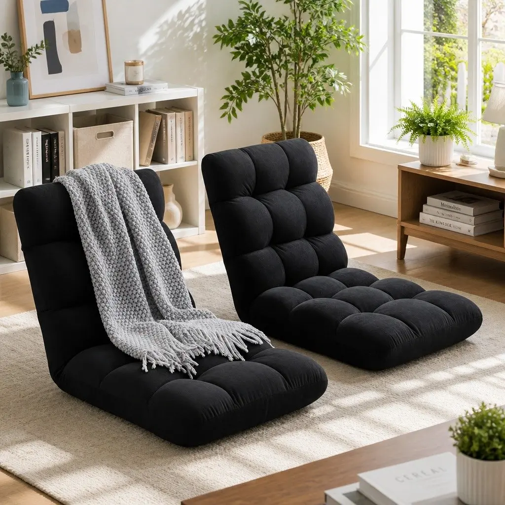 Adjustable Recliner Lounge Chair Flannel Black Foldable 2 Piece