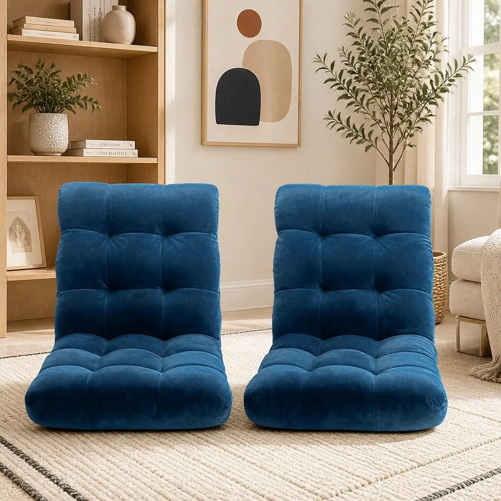 Adjustable Lounge Sofa Bed Chair Navy Flannel Fabric 14 Positions Recliner 2 Piece