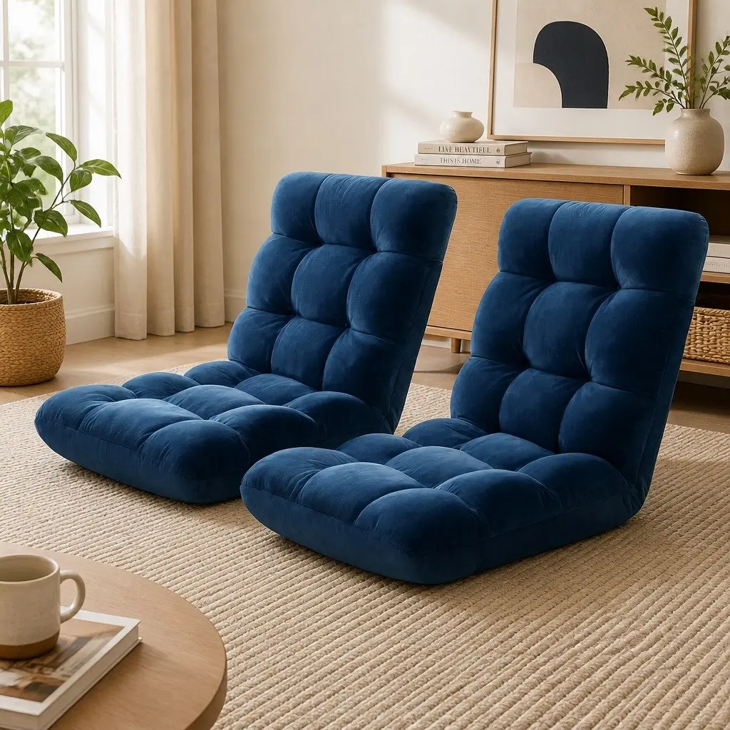 Adjustable Lounge Sofa Bed Chair Navy Flannel Fabric 14 Positions Recliner 2 Piece