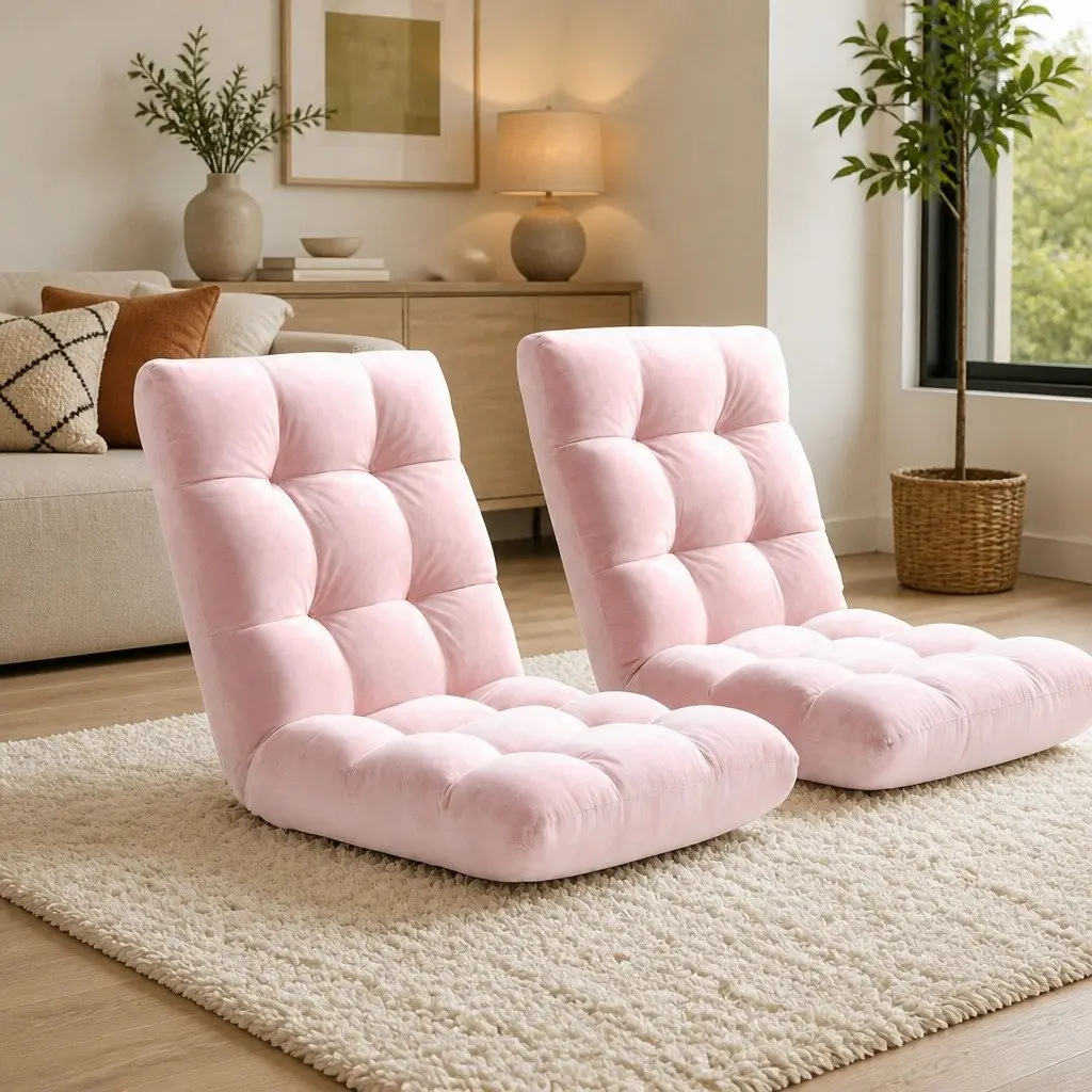 2-Piece Pink Flannel Floor Lounge Sofa Bed Chair
