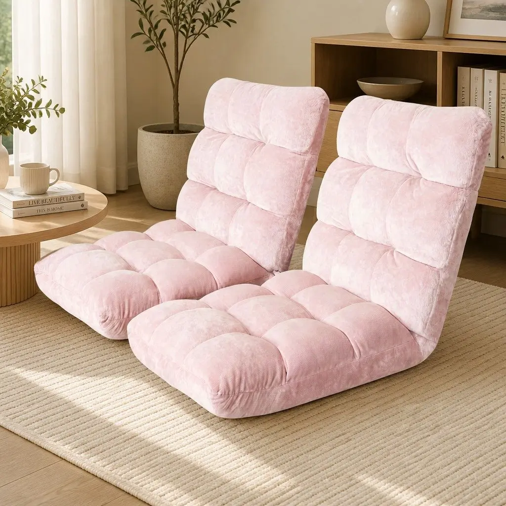 Floor Lounge Sofa Bed Chair Adjustable Recliner 14 Position Pink Flannel 2 Piece
