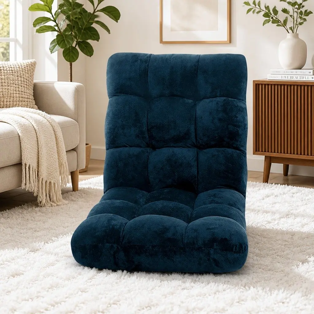Floor Lounge Sofa Chair Adjustable 14 Positions Recliner Bed Navy Flannel Fabric Steel Frame