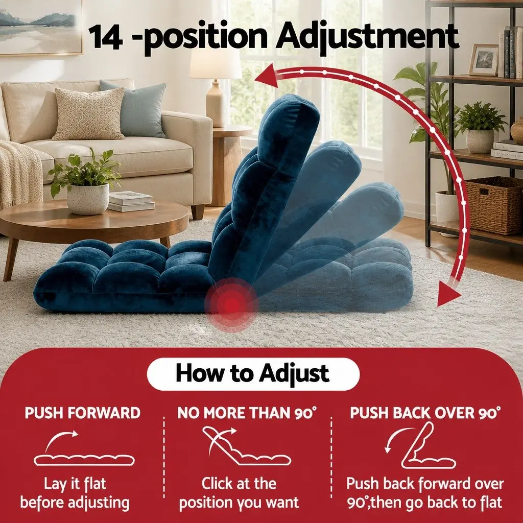 Floor Lounge Sofa Chair Adjustable 14 Positions Recliner Bed Navy Flannel Fabric Steel Frame