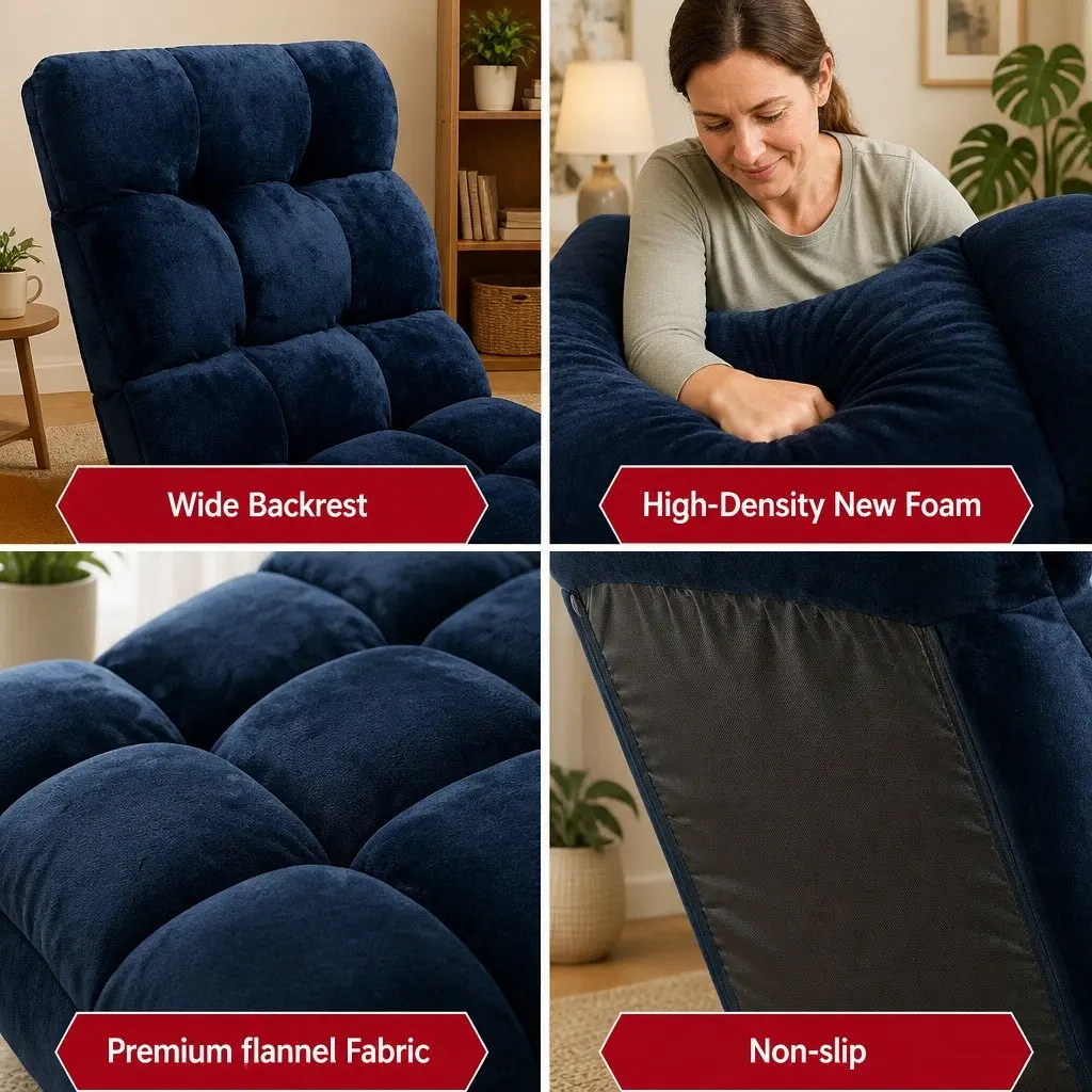 Floor Lounge Sofa Chair Adjustable 14 Positions Recliner Bed Navy Flannel Fabric Steel Frame