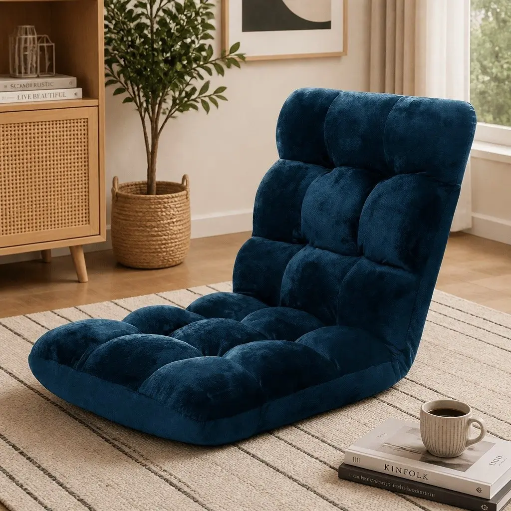 Floor Lounge Sofa Chair Adjustable 14 Positions Recliner Bed Navy Flannel Fabric Steel Frame