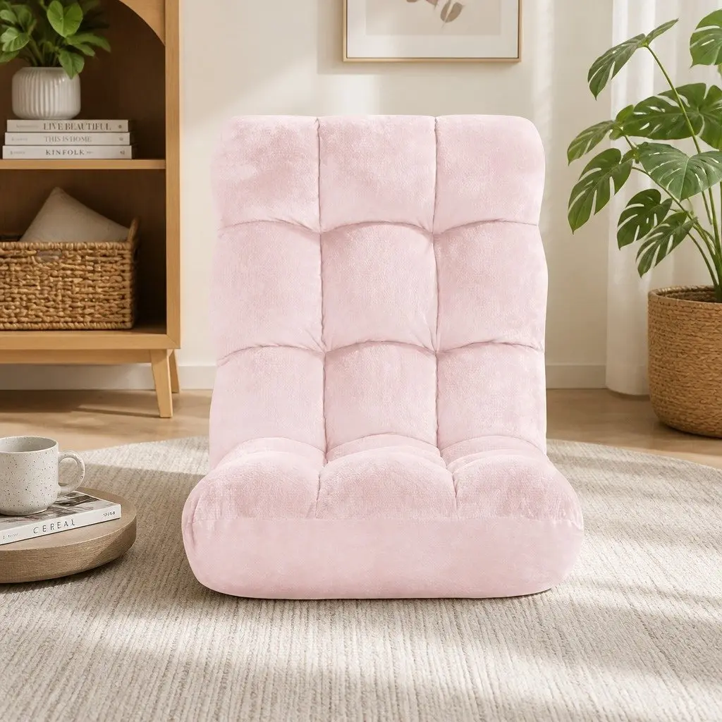 Lounge Sofa Chair Adjustable Recliner 14 Positions Foldable Pink Flannel Fabric Steel Frame