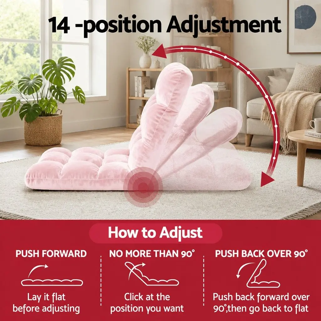 Lounge Sofa Chair Adjustable Recliner 14 Positions Foldable Pink Flannel Fabric Steel Frame