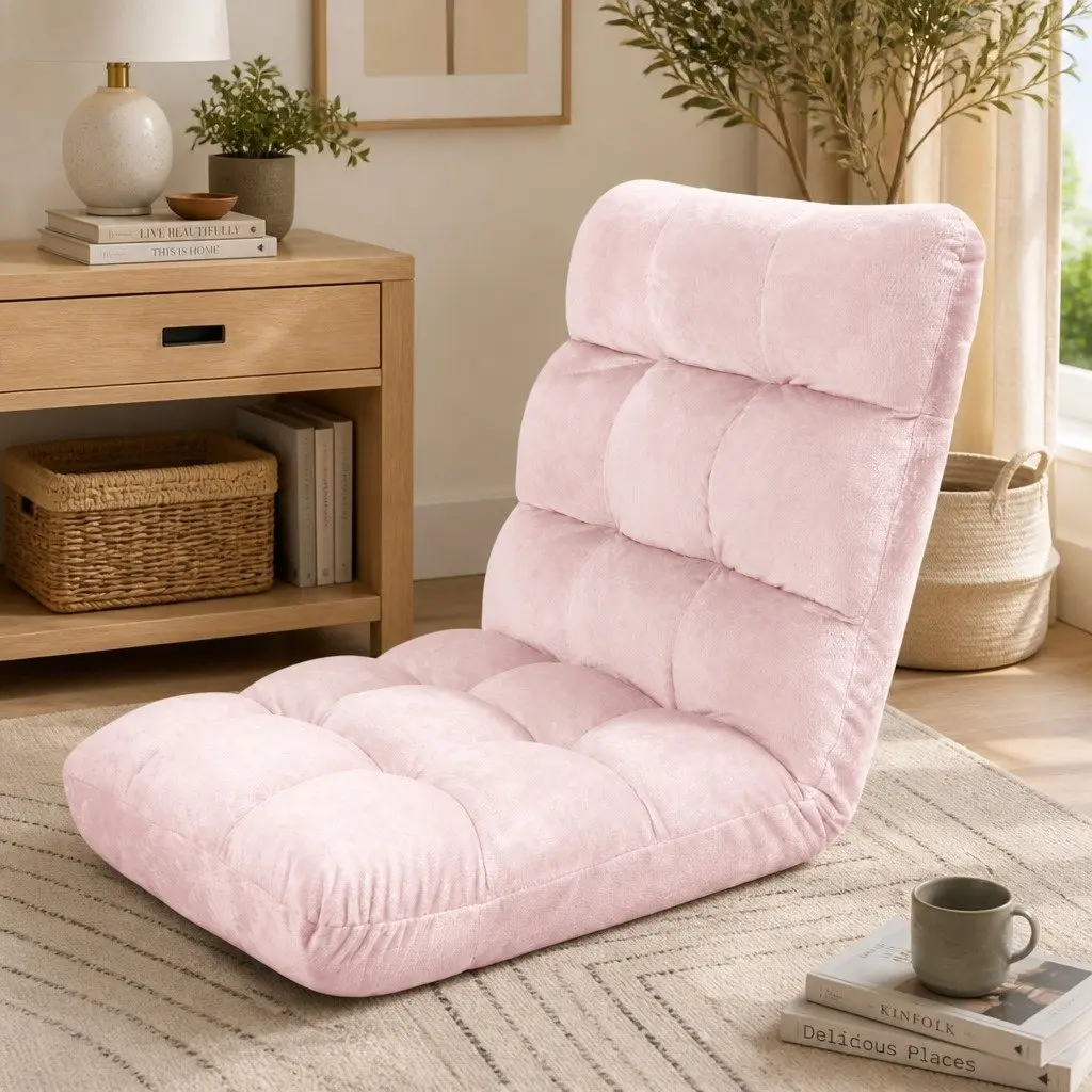 Lounge Sofa Chair Adjustable Recliner 14 Positions Foldable Pink Flannel Fabric Steel Frame