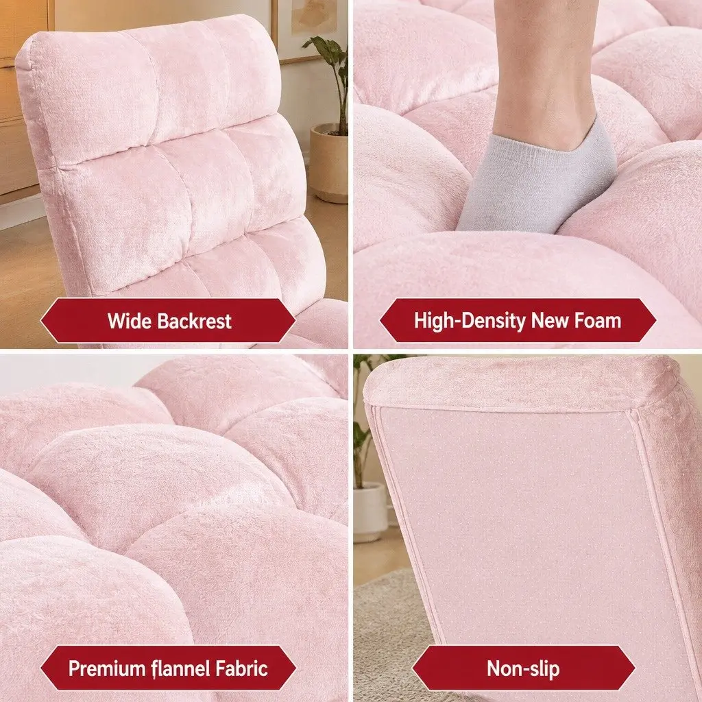 Lounge Sofa Chair Adjustable Recliner 14 Positions Foldable Pink Flannel Fabric Steel Frame