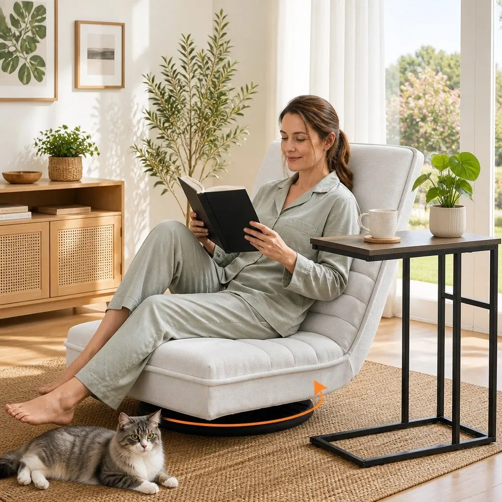 Swivel Floor Lounge Chair and C-Shaped Side Table Set