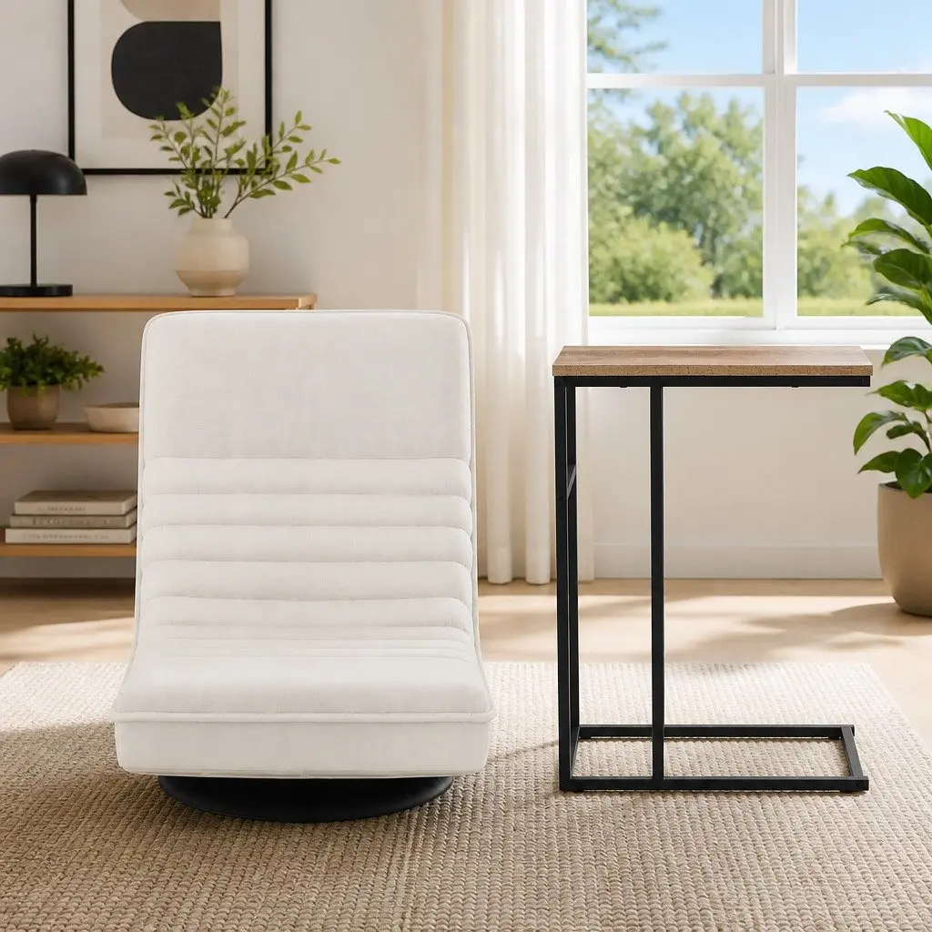 Lounge Chair Swivel Foldable White with C-Shaped Side Table 2 Piece Set Faux Linen Steel