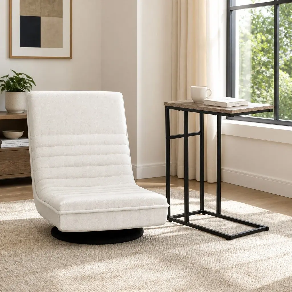 Lounge Chair Swivel Foldable White with C-Shaped Side Table 2 Piece Set Faux Linen Steel