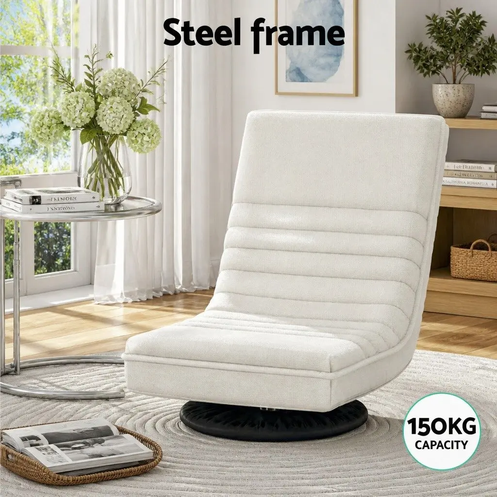 Lounge Chair Swivel Foldable White with C-Shaped Side Table 2 Piece Set Faux Linen Steel