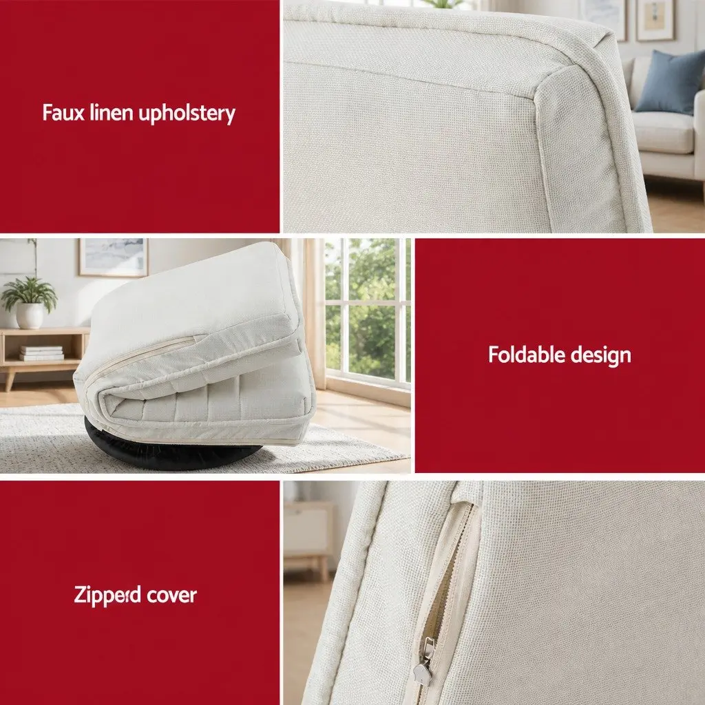 Lounge Chair Swivel Foldable White with C-Shaped Side Table 2 Piece Set Faux Linen Steel