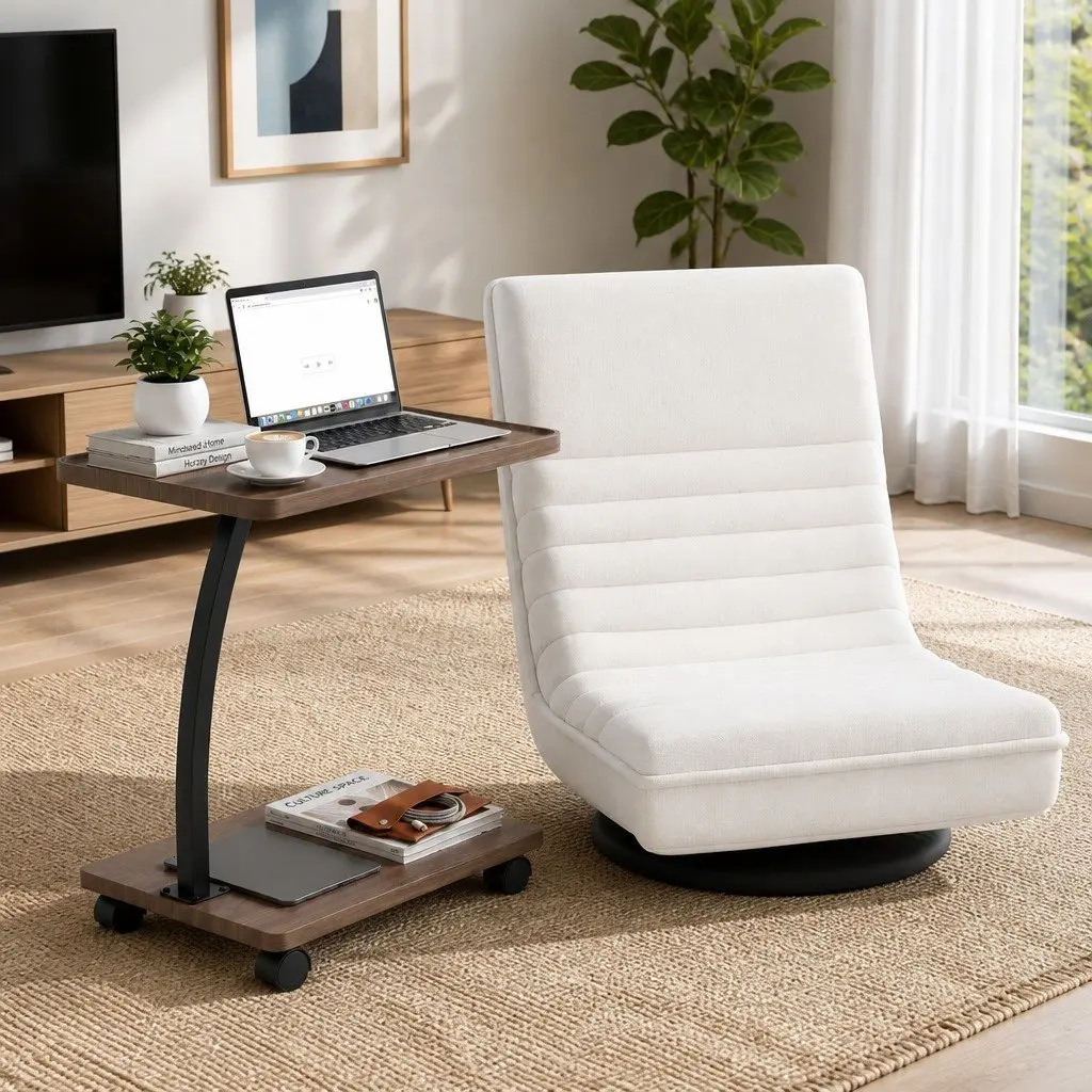 Floor Lounge Chair 360° Swivel Foldable Faux Linen with C Shaped Mobile Side Table Set