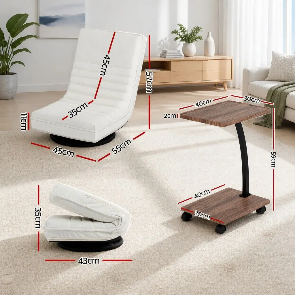 Floor Lounge Chair 360° Swivel Foldable Faux Linen with C Shaped Mobile Side Table Set