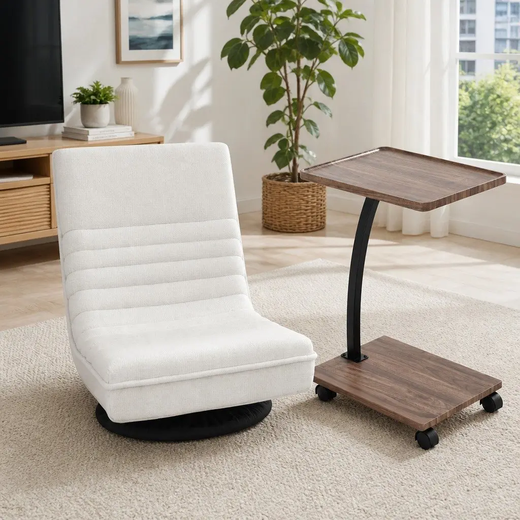 Floor Lounge Chair 360° Swivel Foldable Faux Linen with C Shaped Mobile Side Table Set