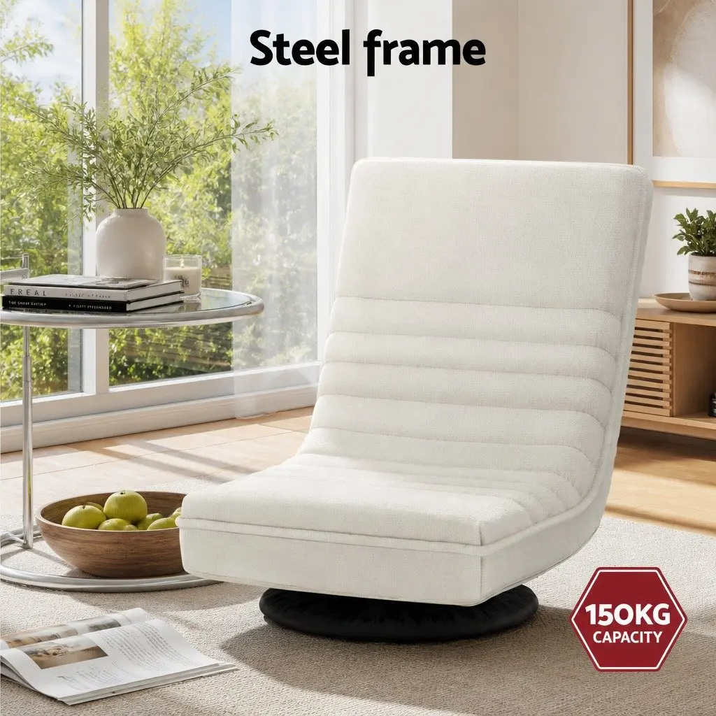 Floor Lounge Chair 360° Swivel Foldable Faux Linen with C Shaped Mobile Side Table Set