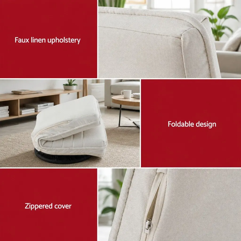 Floor Lounge Chair 360° Swivel Foldable Faux Linen with C Shaped Mobile Side Table Set