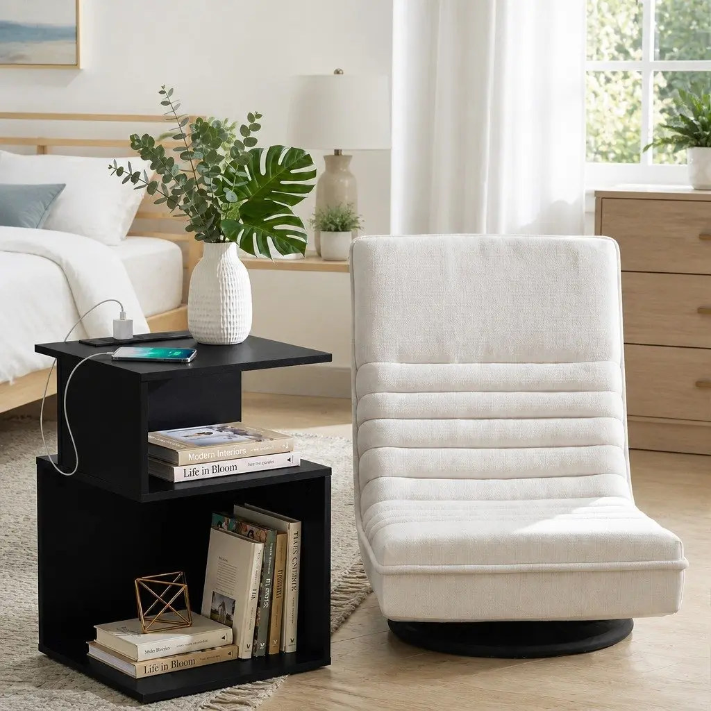 Swivel Floor Chair and Charging Station Bedside Table Set