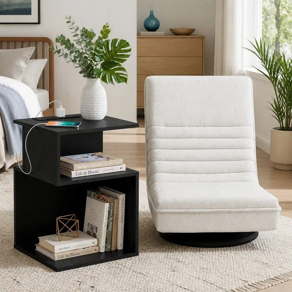 Swivel Floor Chair and Bedside Table Bundle Faux Linen Fabric Black and White 360 Degree Rotatable and Charging Station