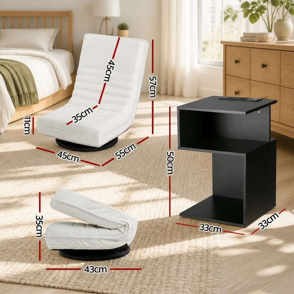 Swivel Floor Chair and Bedside Table Bundle Faux Linen Fabric Black and White 360 Degree Rotatable and Charging Station