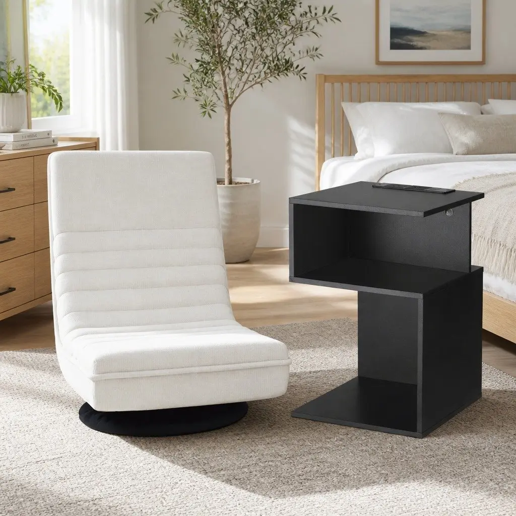 Swivel Floor Chair and Bedside Table Bundle Faux Linen Fabric Black and White 360 Degree Rotatable and Charging Station