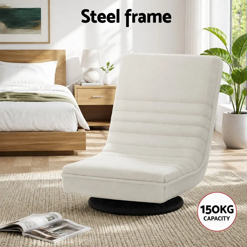Swivel Floor Chair and Bedside Table Bundle Faux Linen Fabric Black and White 360 Degree Rotatable and Charging Station