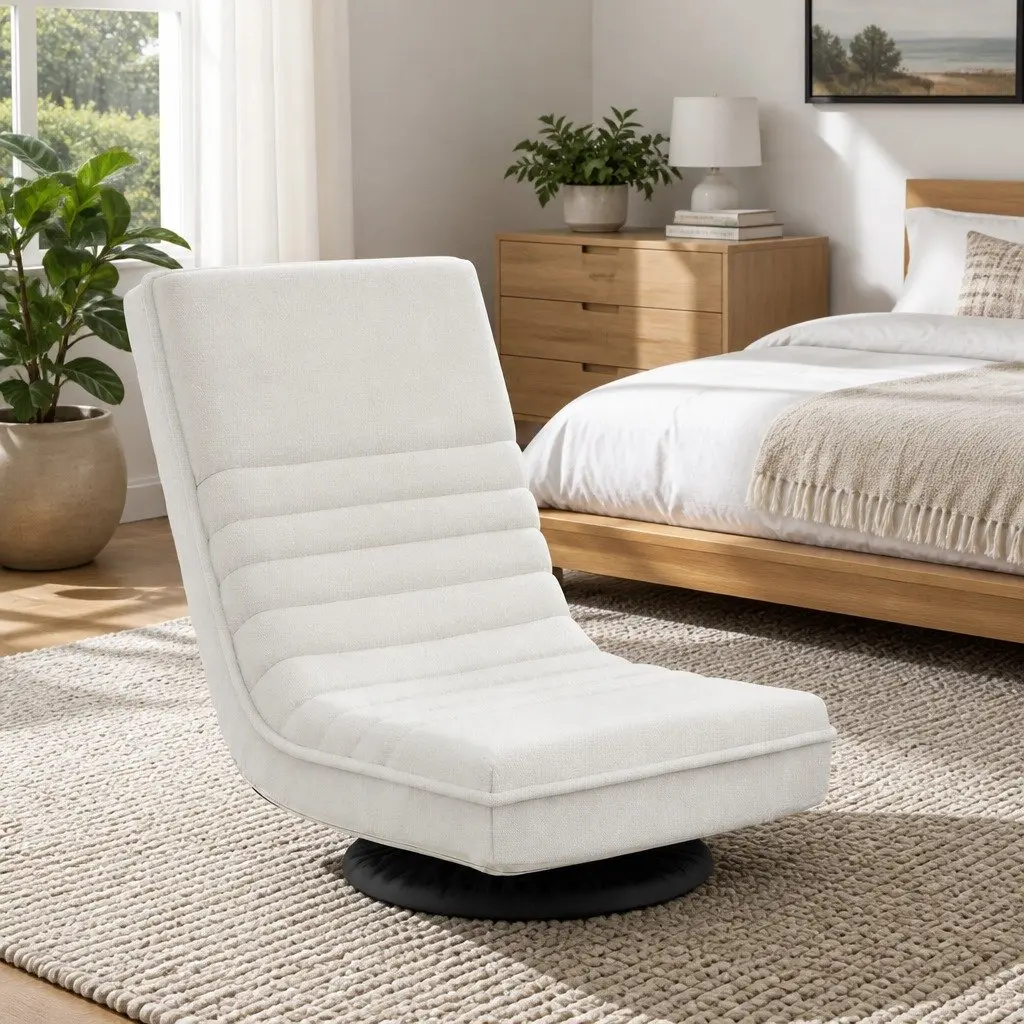 Swivel Floor Chair and Bedside Table Bundle Faux Linen Fabric Black and White 360 Degree Rotatable and Charging Station