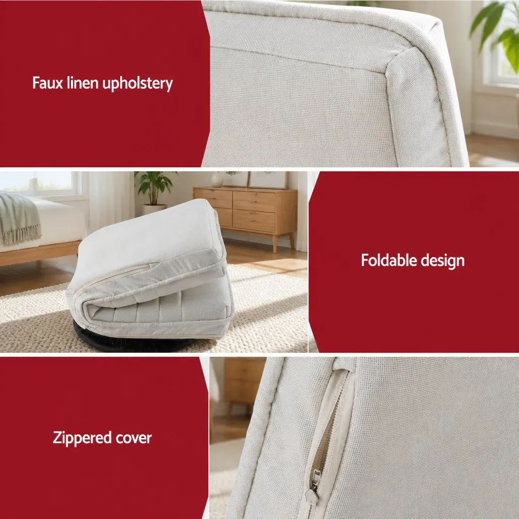Swivel Floor Chair and Bedside Table Bundle Faux Linen Fabric Black and White 360 Degree Rotatable and Charging Station