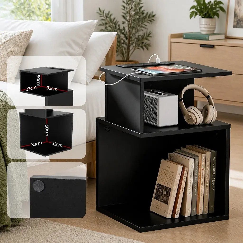 Swivel Floor Chair and Bedside Table Bundle Faux Linen Fabric Black and White 360 Degree Rotatable and Charging Station