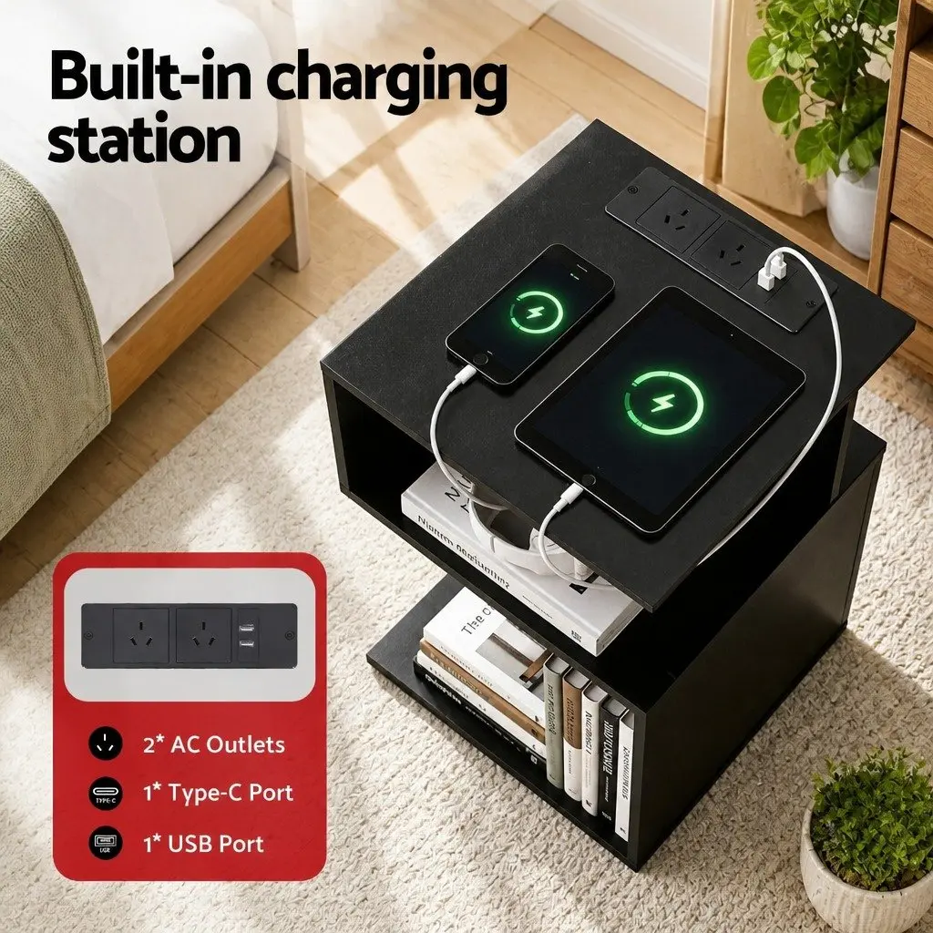 Swivel Floor Chair and Bedside Table Bundle Faux Linen Fabric Black and White 360 Degree Rotatable and Charging Station