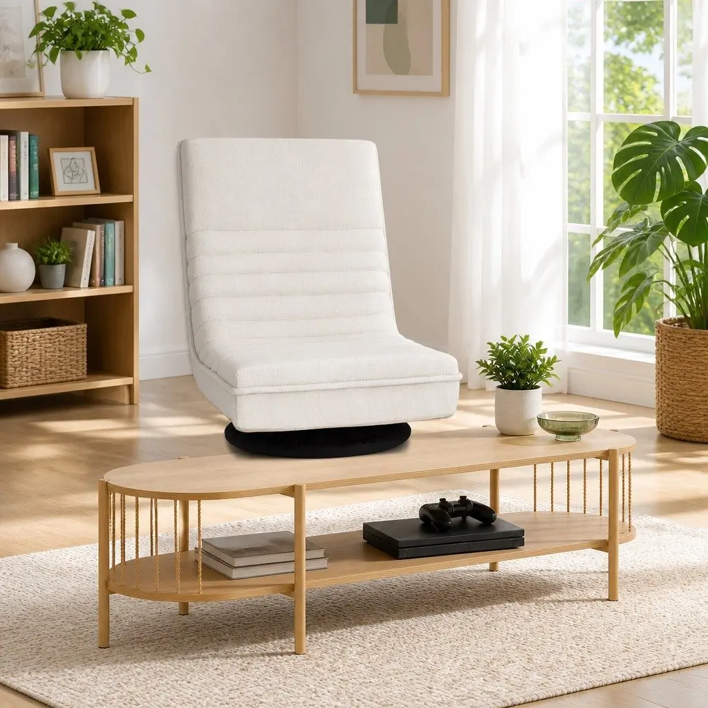 Floor Lounge Chair with 360 Degree Swivel and TV Entertainment Unit Storage Shelf Set White Pine