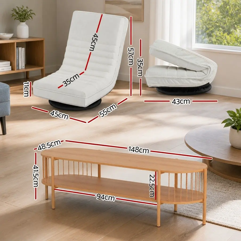 Floor Lounge Chair with 360 Degree Swivel and TV Entertainment Unit Storage Shelf Set White Pine
