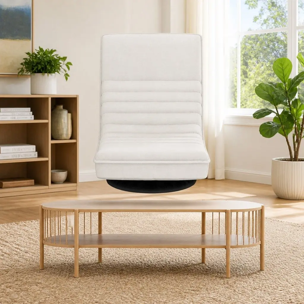 Floor Lounge Chair with 360 Degree Swivel and TV Entertainment Unit Storage Shelf Set White Pine