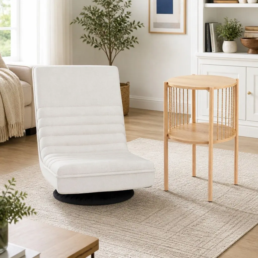 Folding Swivel Floor Lounge Chair with 2-Tier Side Table