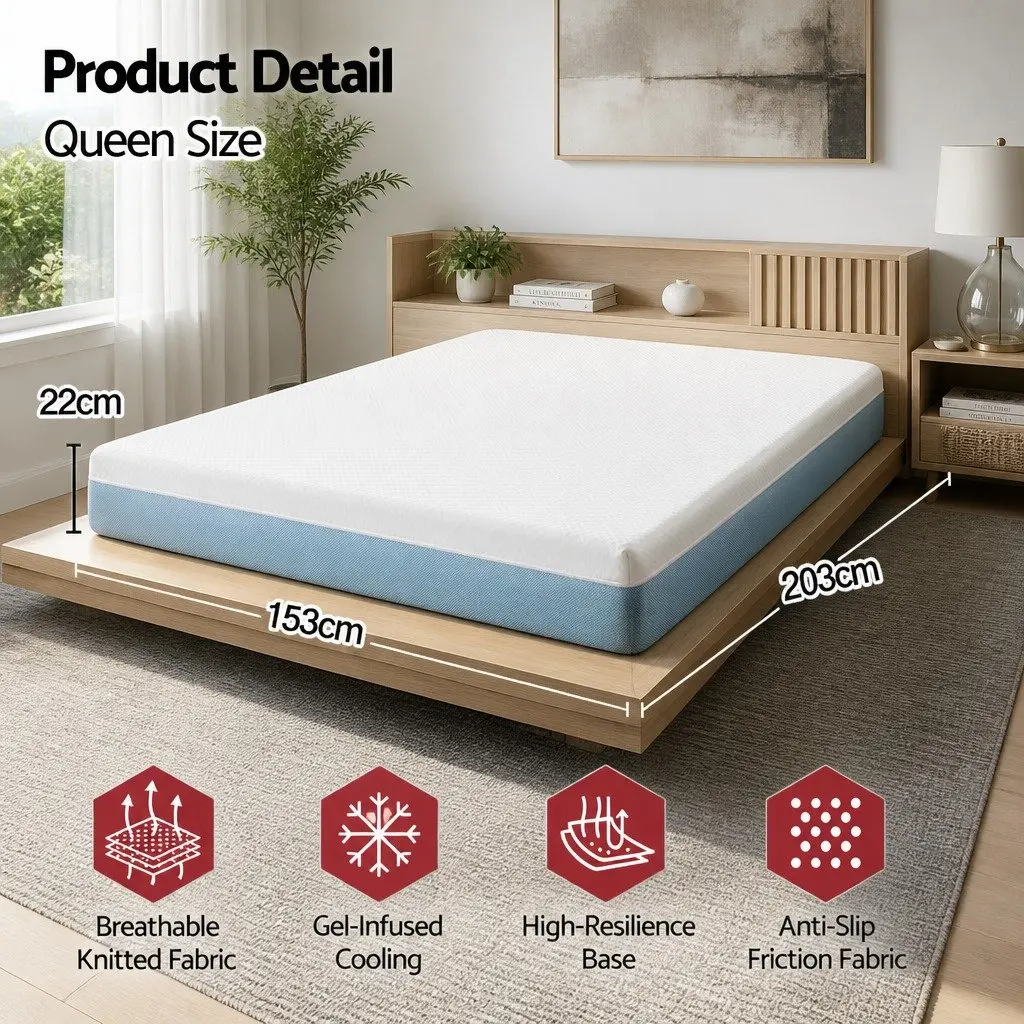 Queen Memory Foam Mattress 22cm Cooling Gel Topper