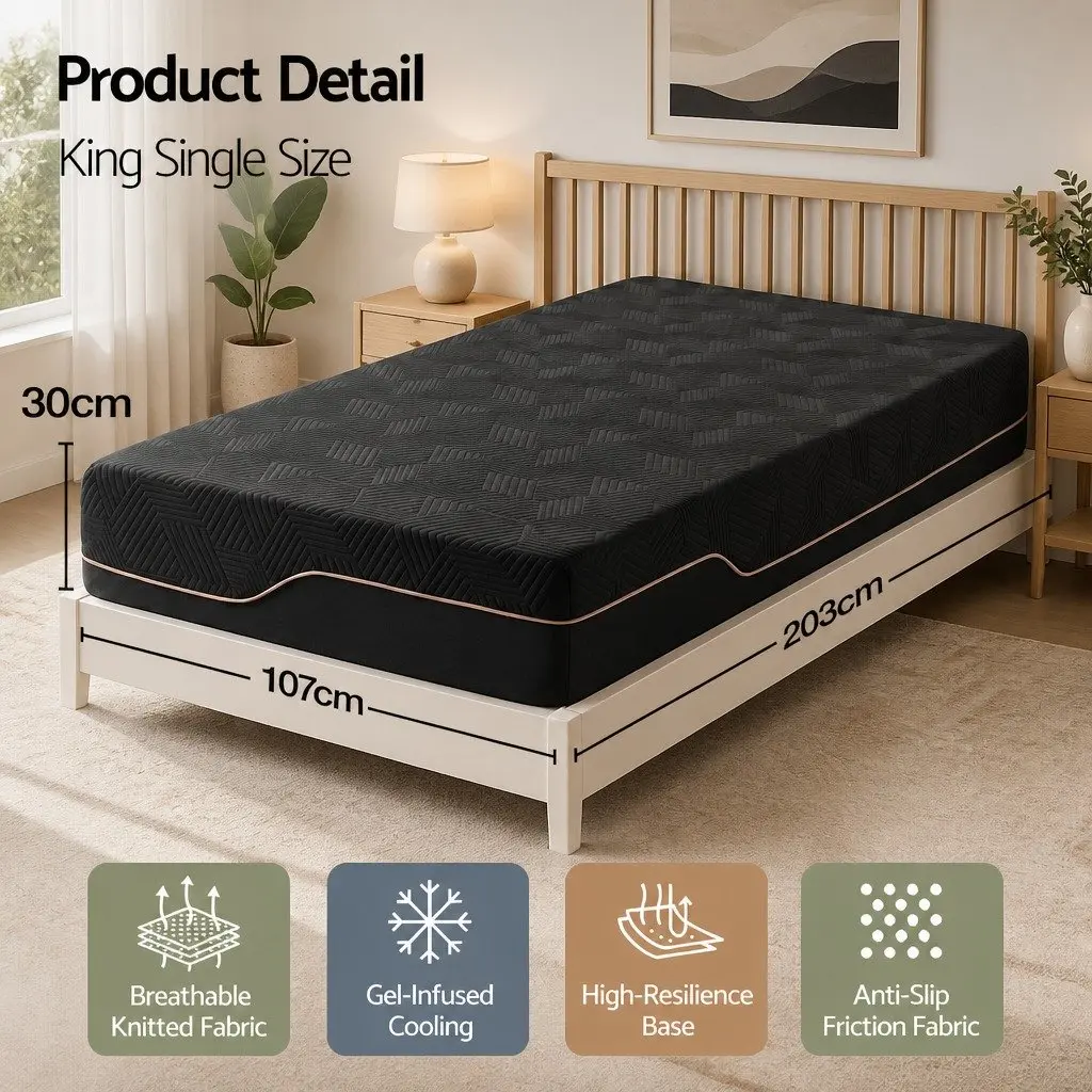 Cooling Memory Foam Mattress King Single 30cm Medium Firm