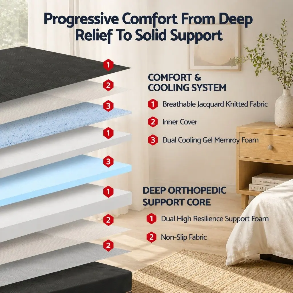 Single Memory Foam Mattress 30cm Gel Cooling Medium Firm Support Non-Slip Base