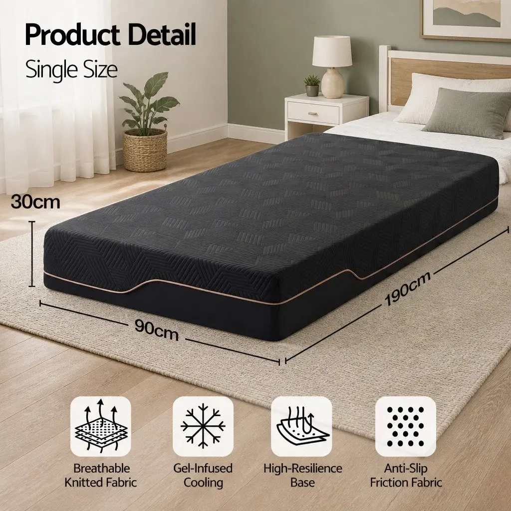 Single Memory Foam Mattress 30cm Gel Cooling Medium Firm Support Non-Slip Base