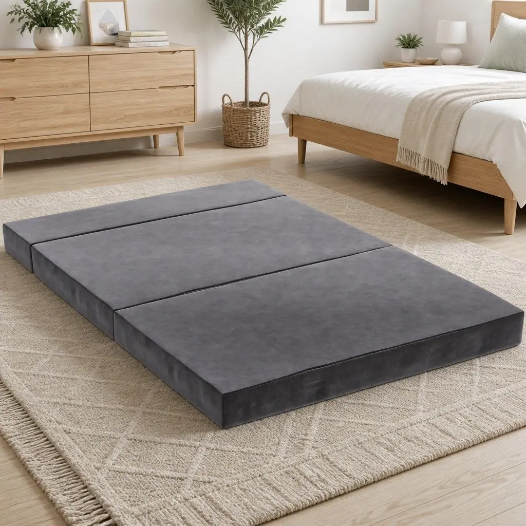 Foldable Foam Mattress Double Bed Sofa in Grey Velvet