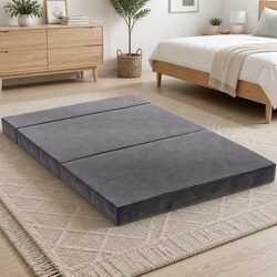 Cozy Foldable Foam Mattress Double Bed Sofa in Grey Velvet