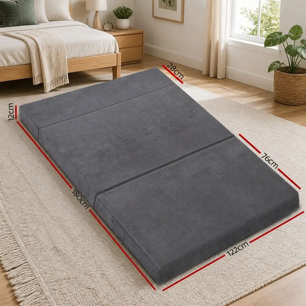 Foldable Foam Mattress Double Bed Sofa in Grey Velvet