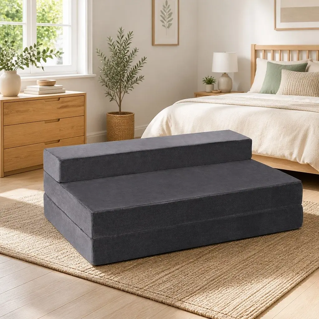 Foldable Foam Mattress Double Bed Sofa in Grey Velvet