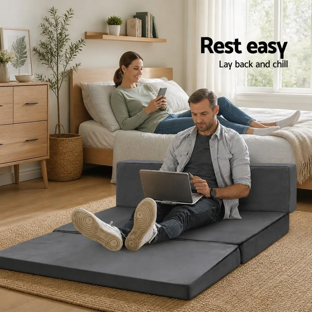 Foldable Foam Mattress Double Bed Sofa in Grey Velvet